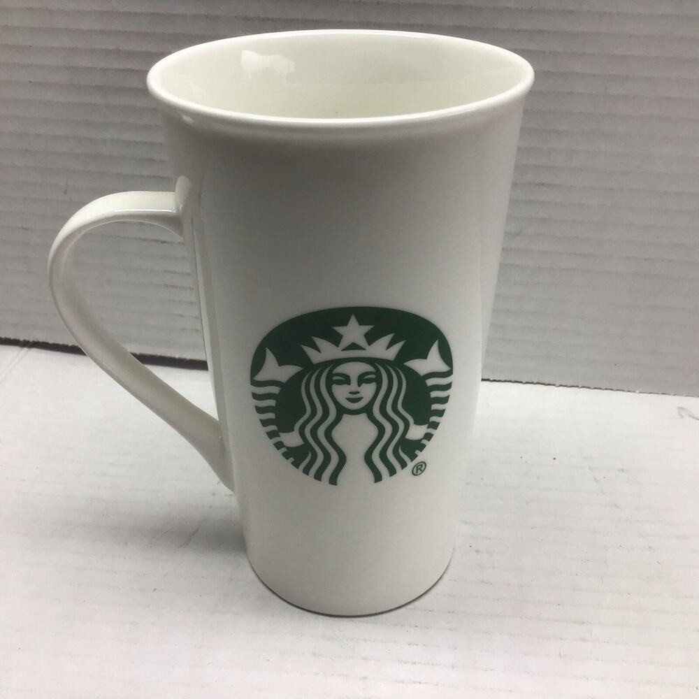 Starbucks 2015 White Ceramic Coffee Mug Classic Green Siren Logo 16 oz Tall